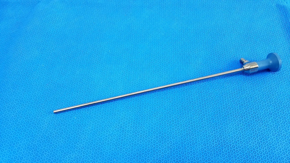 Silver surgical ideal eyes 5mm endoscope with blue ergonomic handle and metallic shaft by Stryker
