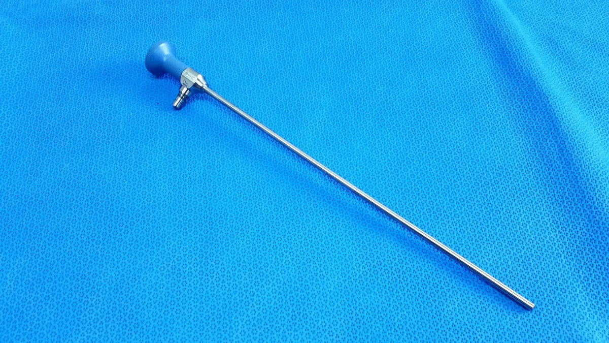 Blue-handled stryker ideal eyes 5mm autoclavable endoscope with long slender metallic shaft for surgical use
