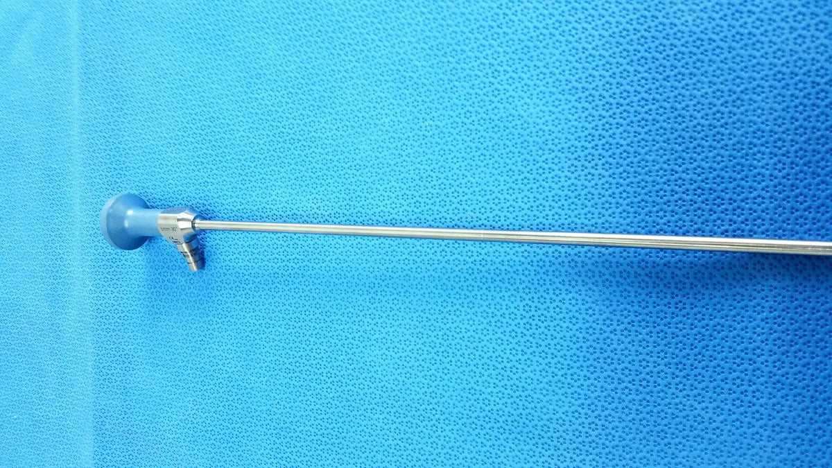 Silver surgical endoscope with blue handle and metallic joints ideal eyes 5mm 30 degree autoclavable by Stryker
