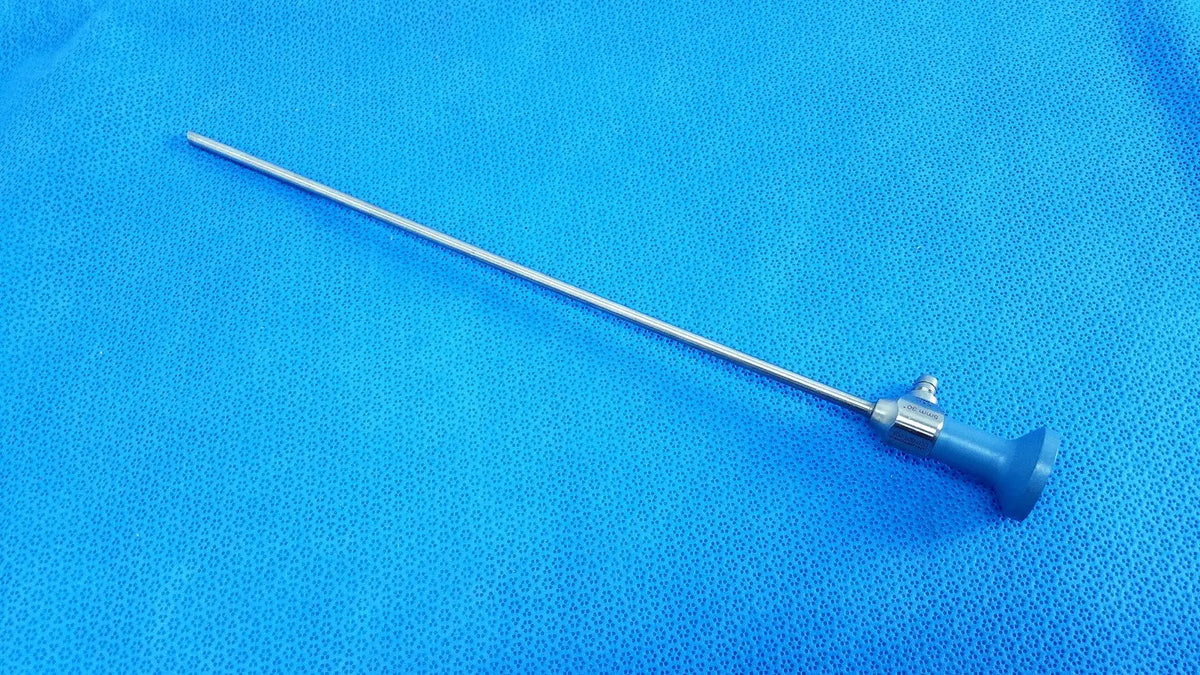 Silver surgical endoscope with blue handle and metallic joints stryker ideal eyes 5mm 30 autoclavable model