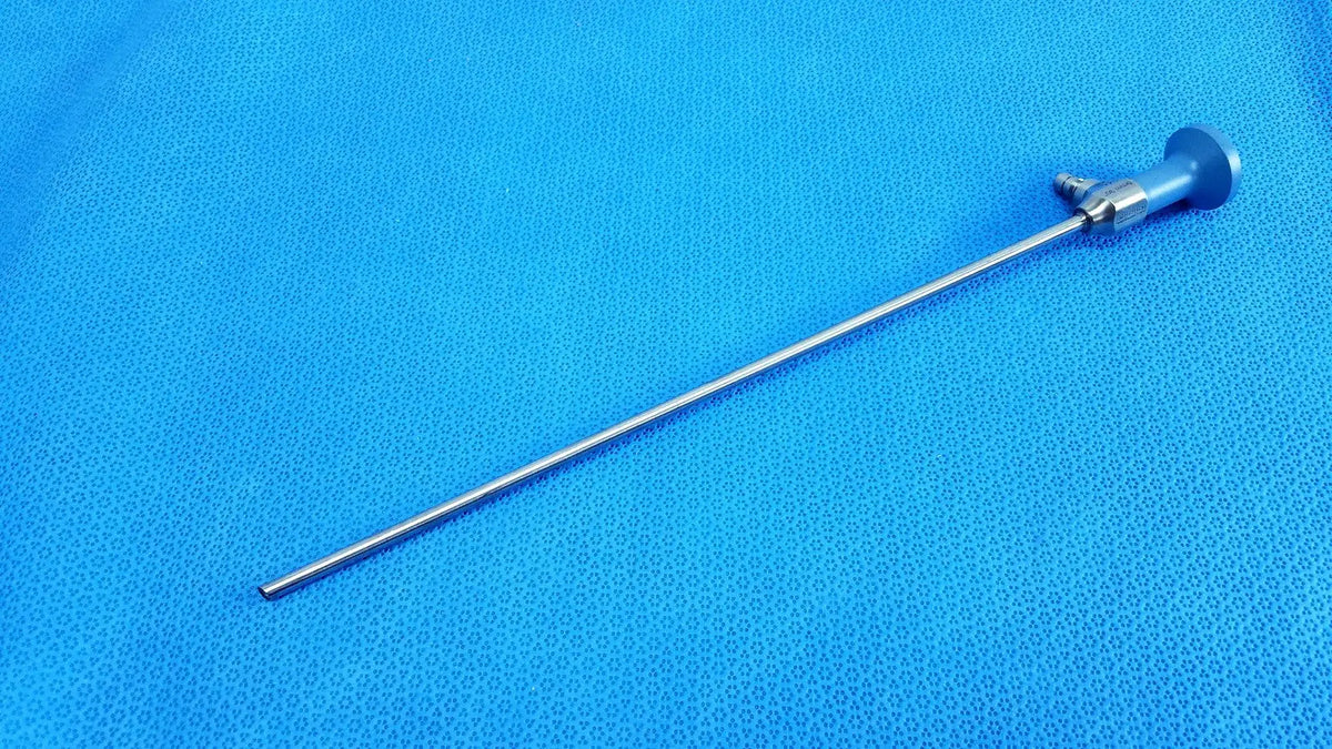 Silver ideal eyes 5mm surgical endoscope with blue-handled control knob and metallic autoclavable shaft by Stryker
