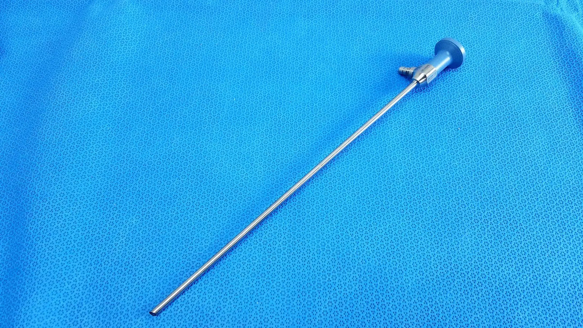 Silver metallic stryker ideal eyes 5mm 30-degree autoclavable surgical endoscope with slender shaft and rounded handle