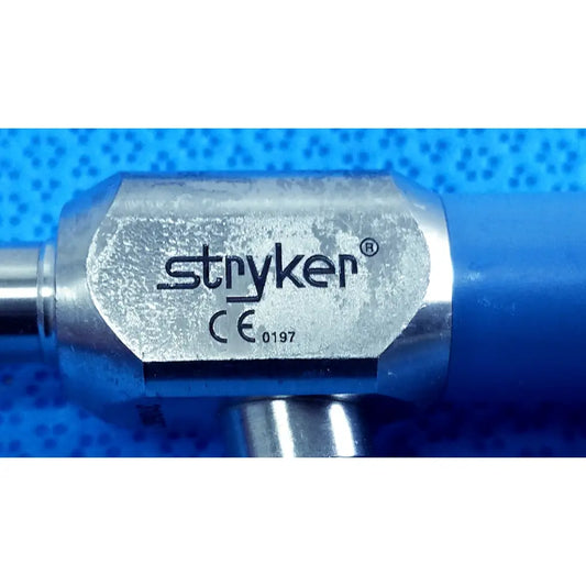 Stryker 502-557-010 10mm 0° autoclavable laparoscope with metallic silver body and blue handle for reuse medical use