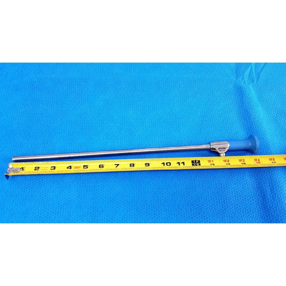Silver surgical endoscope with blue ergonomic handle and engraved brand markings ideal eyes 10mm autoclavable model