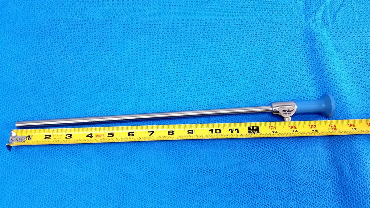 Silver surgical endoscope with blue ergonomic handle and engraved brand markings ideal eyes 10mm autoclavable model