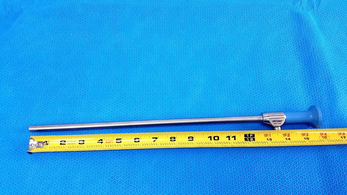 Silver surgical ideal eyes 10mm endoscope with blue ergonomic handle and engraved branding near the joint