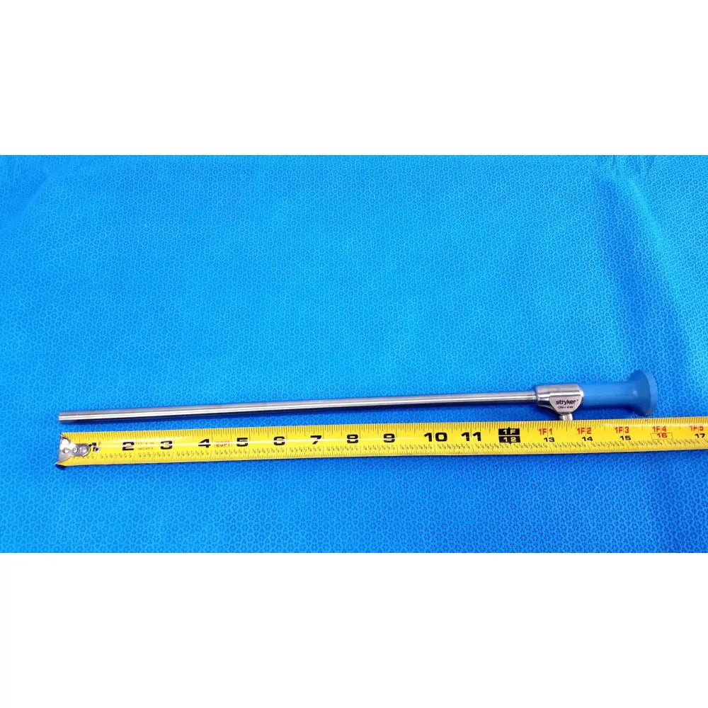 Silver surgical ideal eyes 10mm endoscope with blue ergonomic handle and engraved branding near the joint