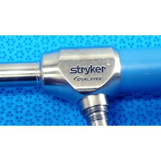 Stryker ideal eyes 10mm autoclavable endoscope with metallic silver head and blue handle for surgical use