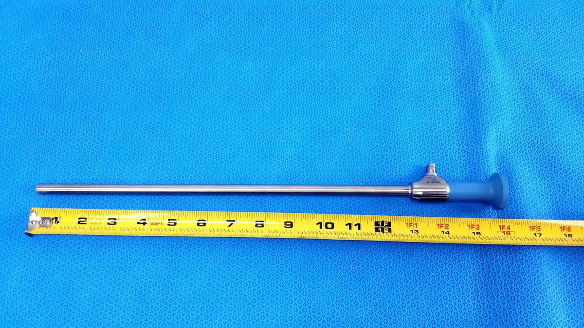 Silver surgical instrument with blue ergonomic handle and metallic shaft for medical use stryker ideal eyes 10mm endoscope