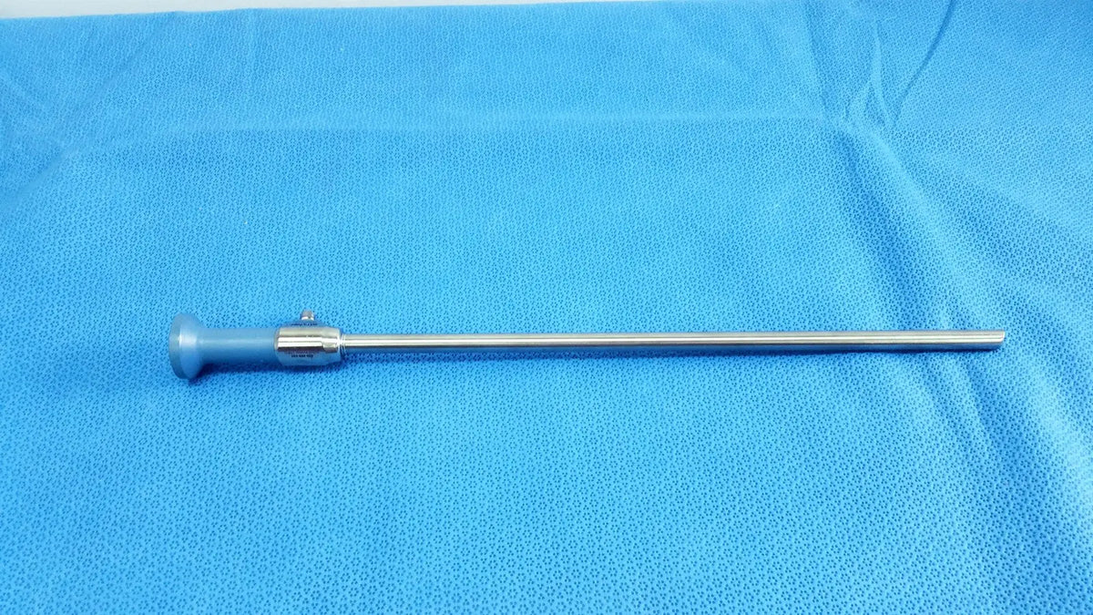 Silver surgical ideal eyes 10mm endoscope with blue handle and metallic joints for autoclave use by stryker