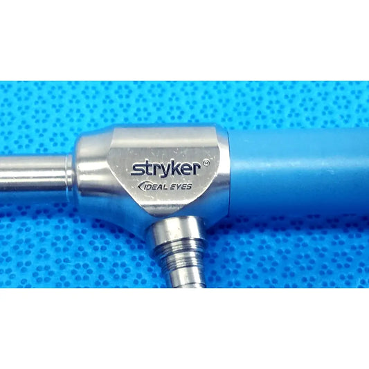 Stryker 502-859-030 ideal eyes 10mm autoclavable endoscope with metallic silver body and blue cylindrical handle