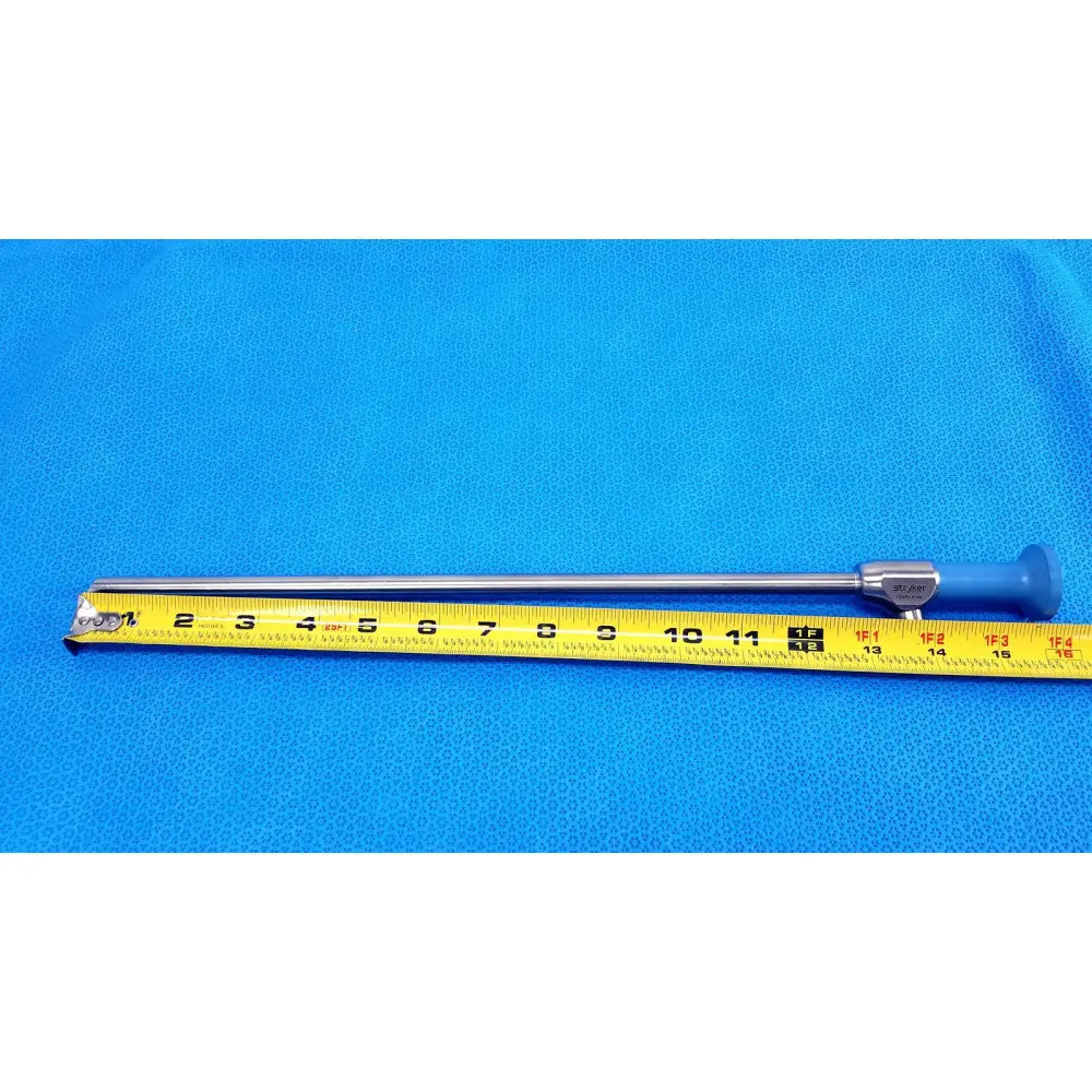 Silver surgical endoscope with blue ergonomic handle featuring ideal eyes 10mm lens by Stryker autoclavable design
