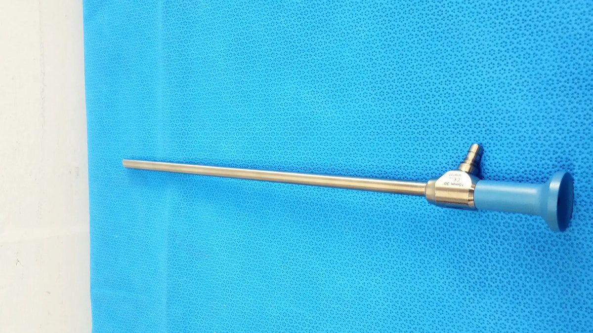 Metallic surgical endoscope with blue handle and slender gold-toned shaft stryker ideal eyes 10mm 30 degree autoclavable