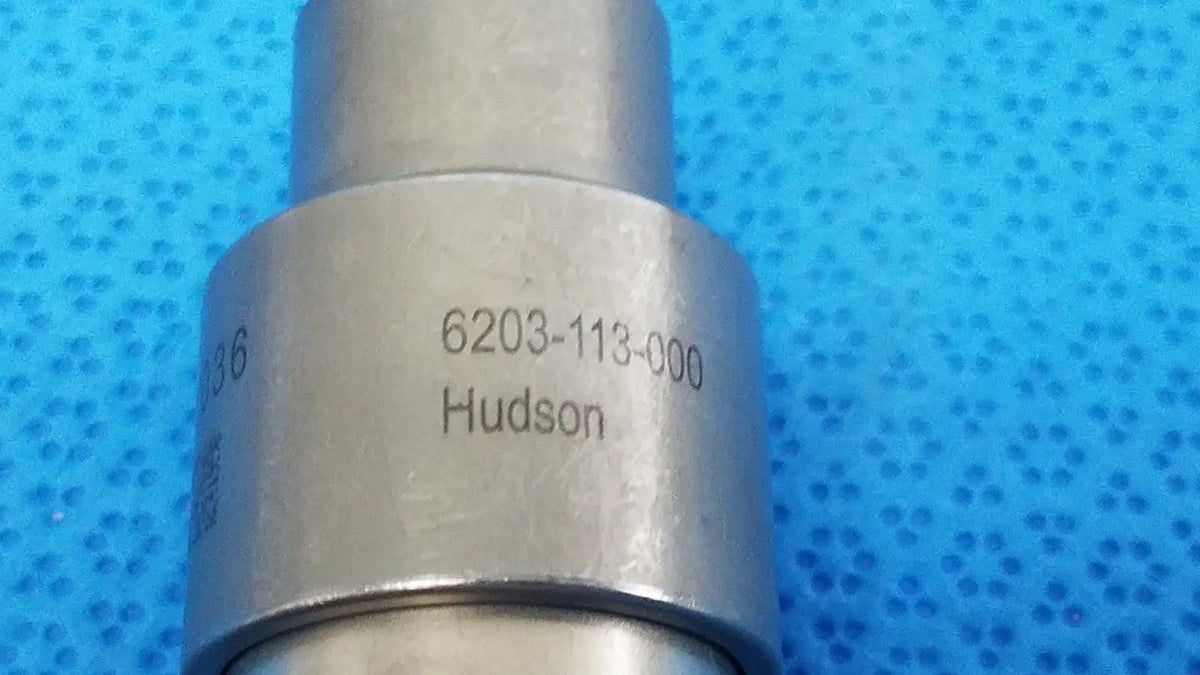 Silver metallic cylindrical stryker 6203-113-000 hudson component with engraved part number for reuse medical use