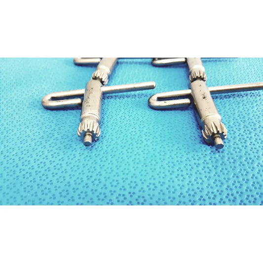 Silver surgical stryker chuck key screws with textured gear-like ends and cylindrical shafts for surgical drill systems lot 4