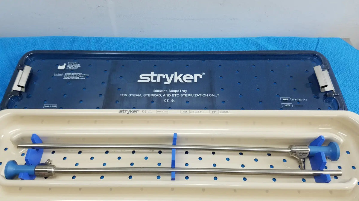 Stryker lot of 2 autoclavable 10mm 30º scopes with metallic shafts and blue handles in blue and white sterilization tray