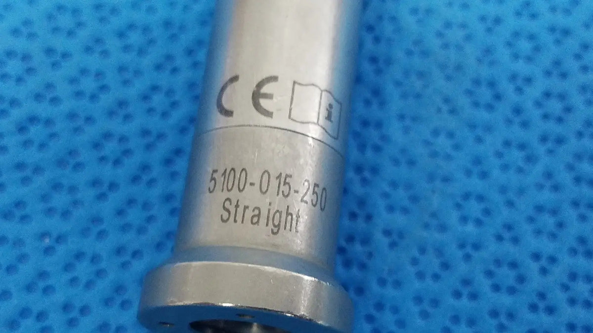 Silver-colored cylindrical surgical instrument from stryker md series straight with engraved markings and ce certification label