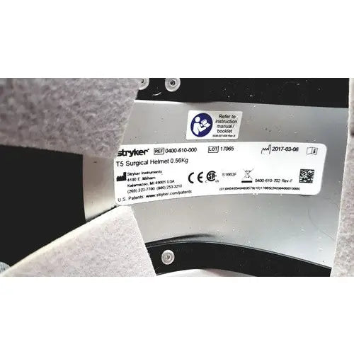 Stryker T5 surgical helmet silver metal with matte finish and black plastic trim for reuse medical protection
