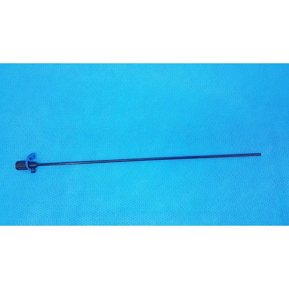 Black surgical cannula sheath with luer lock and blue plastic clamp near handle for secure connection