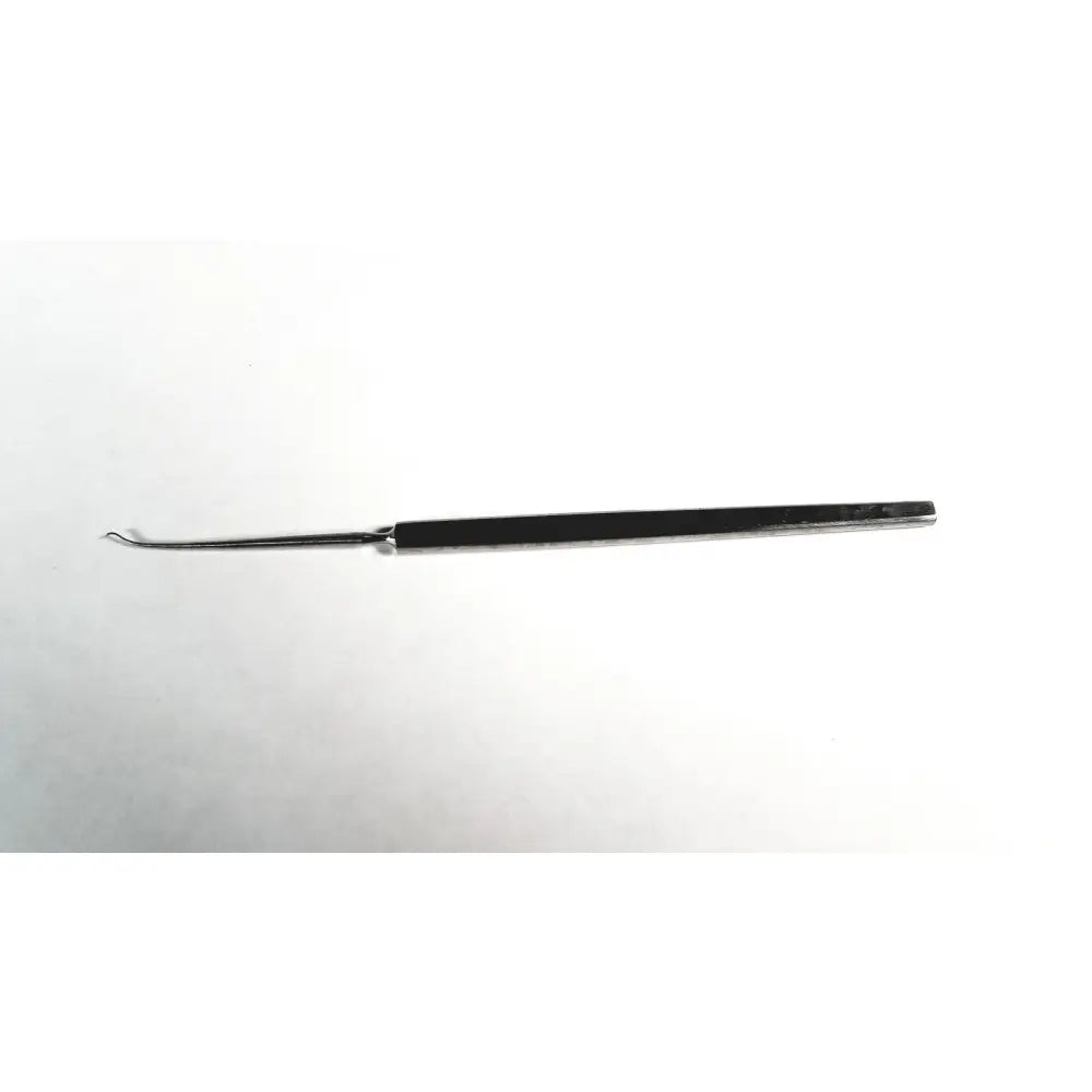 A sleek black-handled symmetry 38-1028 dermal skin sharp surgical instrument with sharp stainless steel shaft