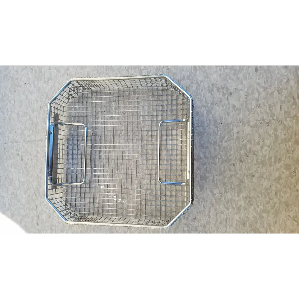 Silver metal wire mesh shopping basket with two side handles for symmetry medical flashpak 9020 sterilization container system