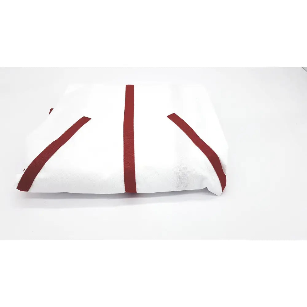 White fabric romedic high back sling with bold red diagonal stripes designed for reuse medical lifting slings