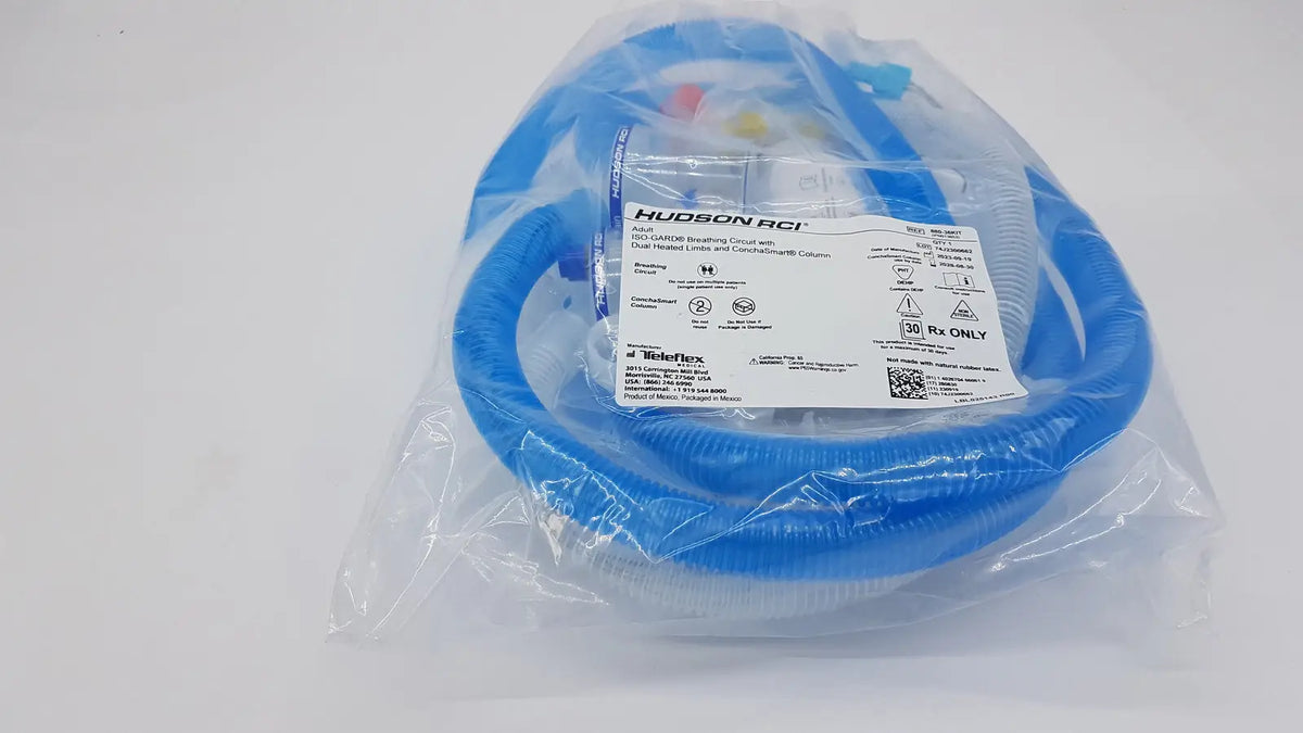 Blue plastic hudson rci dual heated circuit with two color-coded connectors for teleflex medical airlife smooth bore