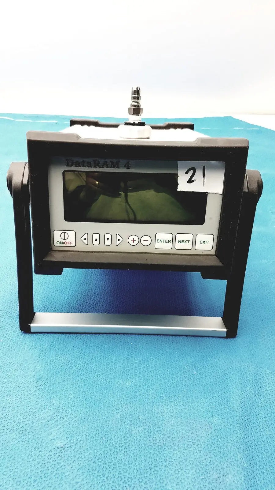 Black and silver thermo scientific dataram4 data logger with digital display control buttons and mounting brackets