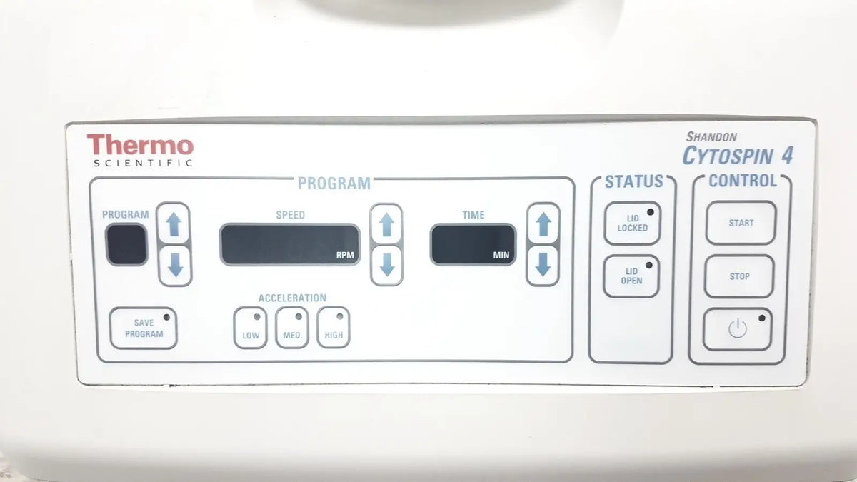 White control panel of thermo shandon cytospin 4 control a78300101 centrifuge with labeled buttons and digital displays
