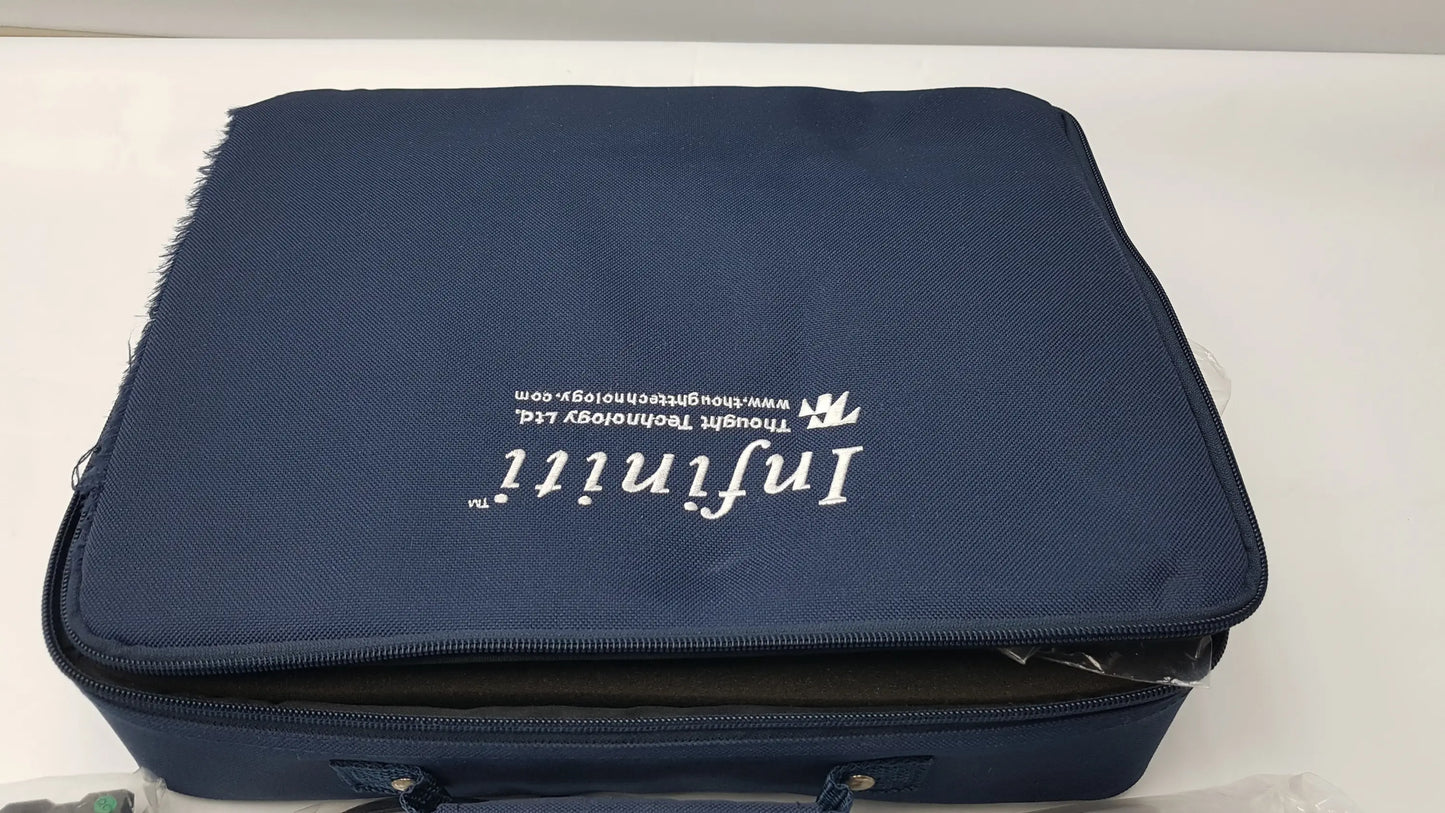 Navy blue fabric storage case with white embroidered infiniit logo for thought technology sa7500 procomp physiological data acquisition