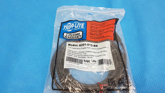 Black tripp lite 15ft cat6 gigabit patch cable coiled in clear plastic packaging with brand labeling