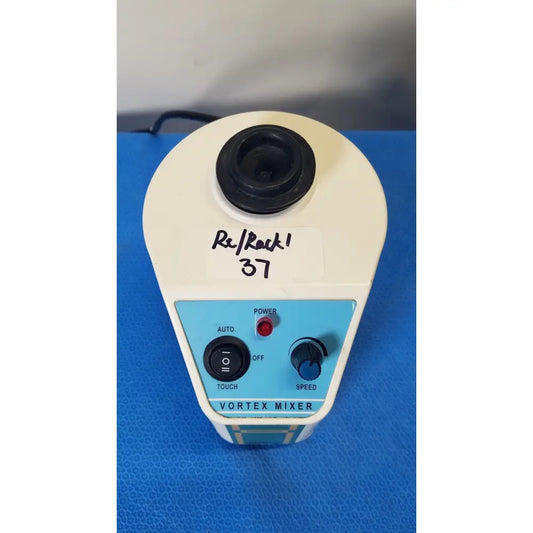 Unico vortex mixer L-VM 100 with white and light blue body and black rubberized top labeled re/rock 37