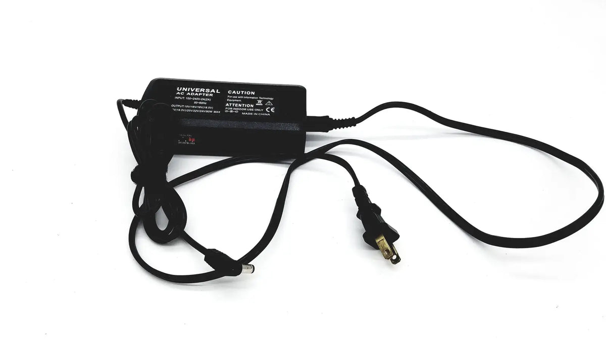 Black universal ac adapter with coiled power cord featuring 100-240v-2a adapter input for versatile voltage output