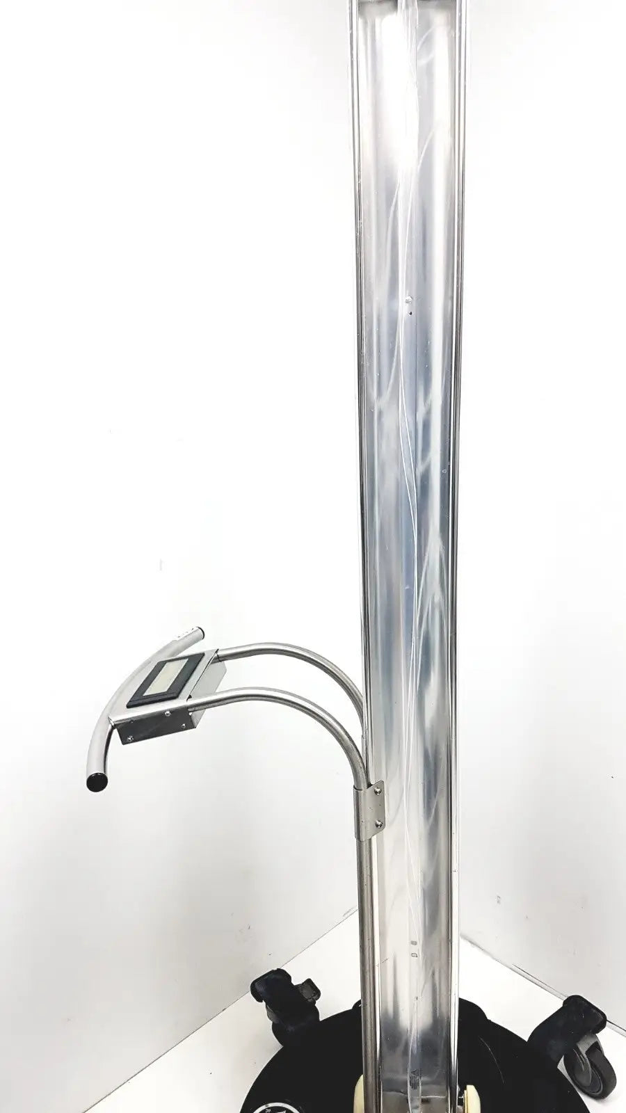 Silver metallic generation room sanitizer stand with curved arm holding tablet and iot smart device connectivity