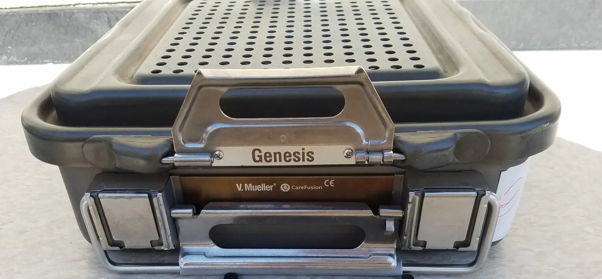 Genius branded cd1-4b genesis carefusion sterilization container with perforated lid black plastic body and metallic latches