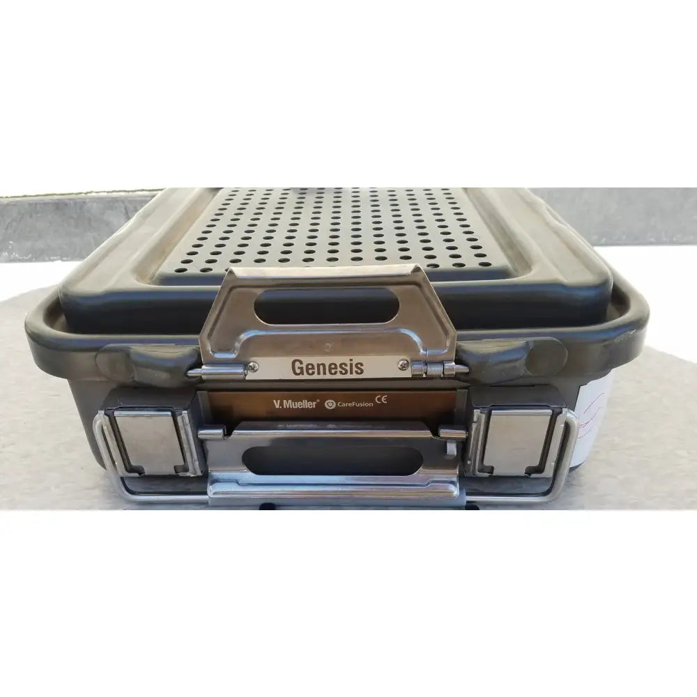 Genius branded cd1-4b genesis carefusion sterilization container with perforated lid black plastic body and metallic latches