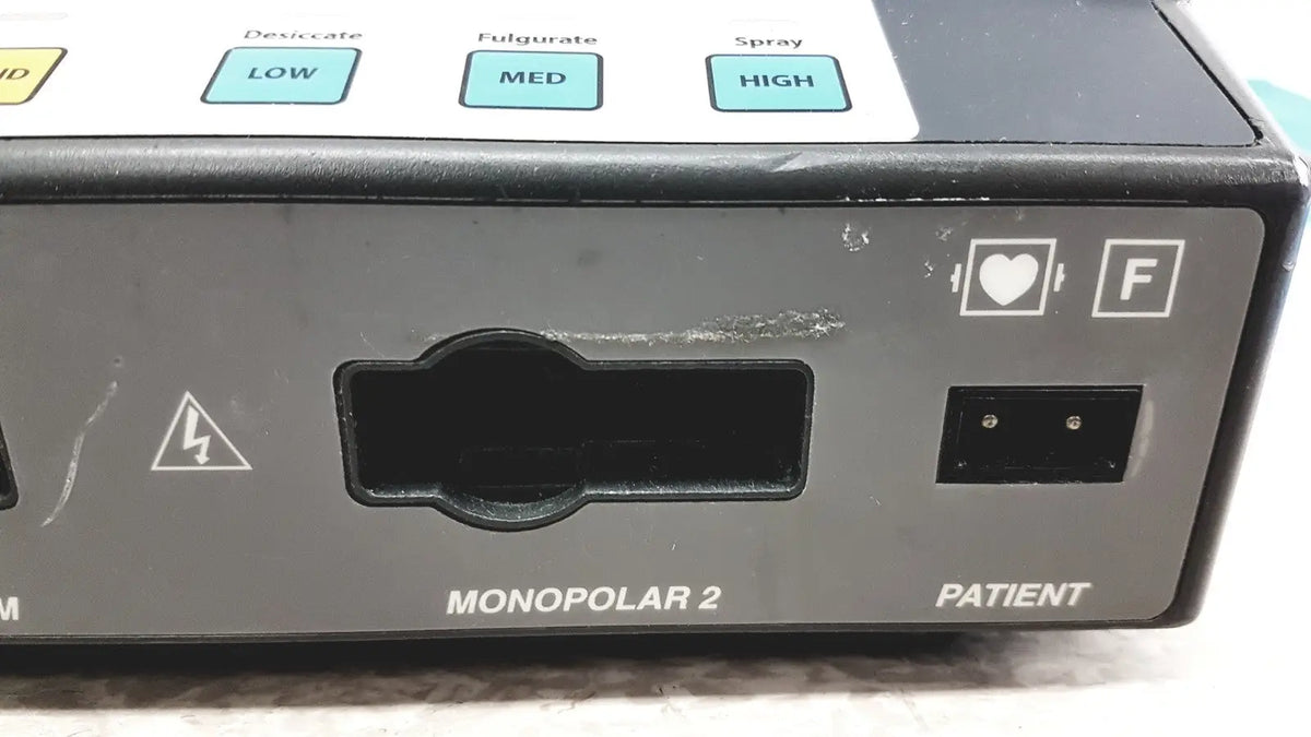 Gray valleylab force electrosurgical unit back with labeled controls for desiccate fulgurate spray and foot pedal port