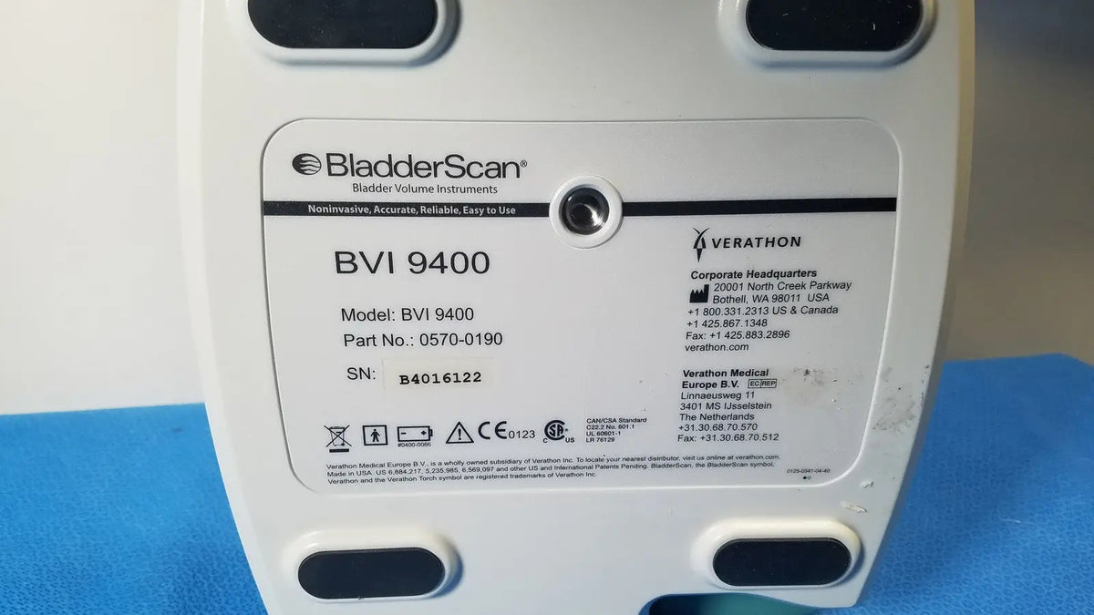 White verathon BladderScan BVI 9400 portable bladder scanner with black accents and model and serial number label
