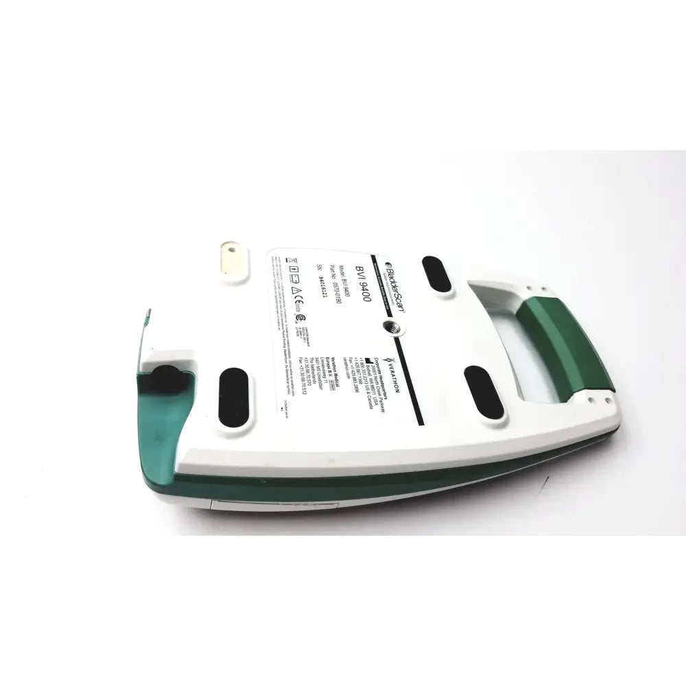 White and green handheld verathon bvi 9400 bladder scanner with black rubber feet and model number sn-b4016121 label