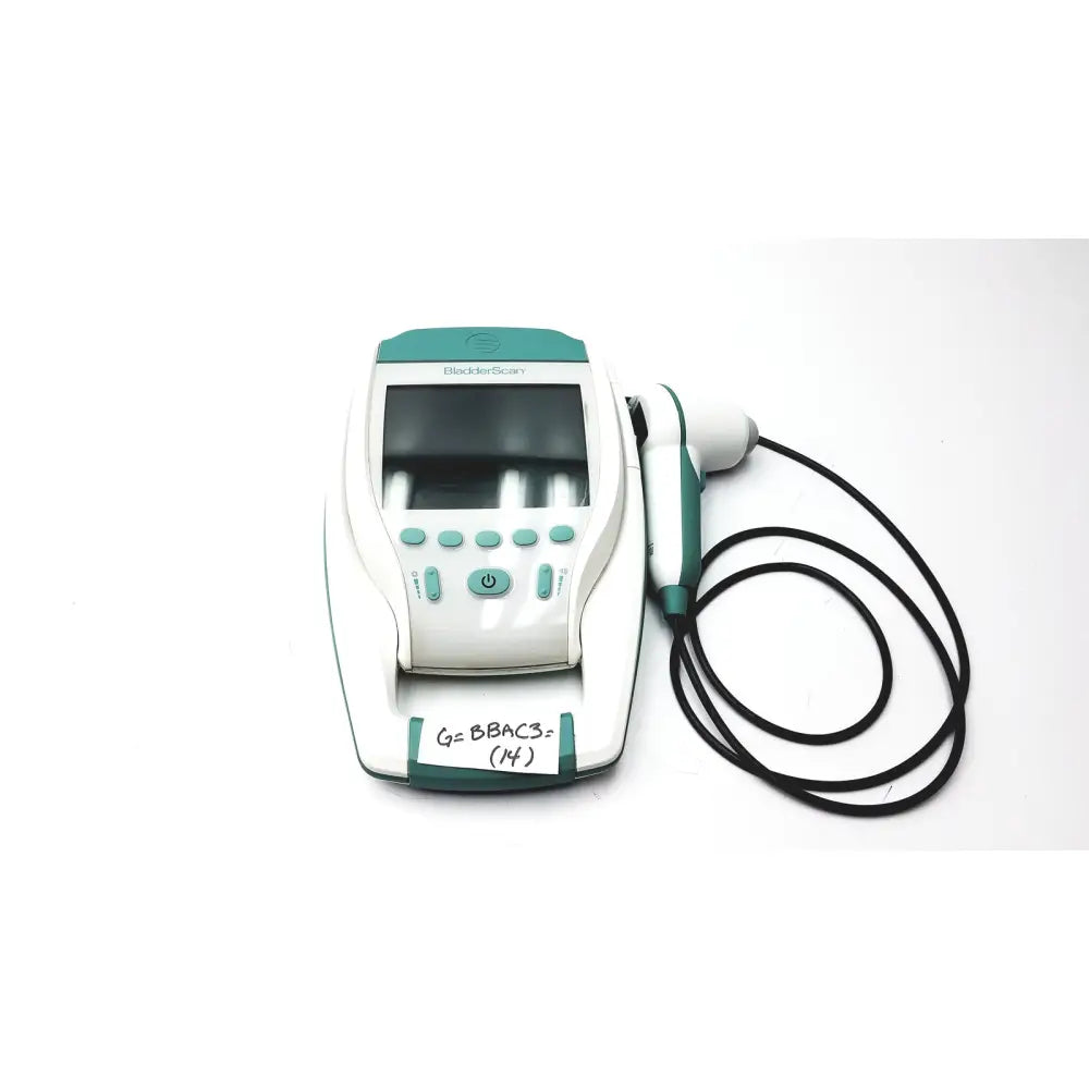White and teal verathon bvi 9400 bladder scanner with handheld probe connected by black cord for reuse medical use