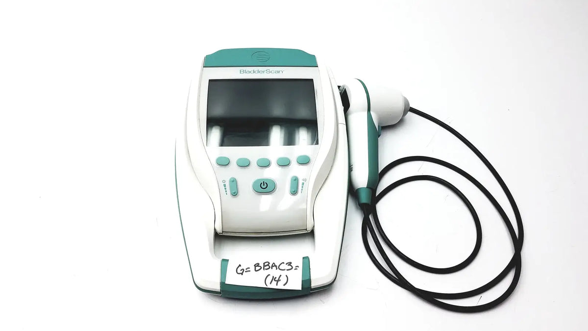 White and teal verathon bvi 9400 bladder scanner with handheld probe connected by black cord for reuse medical use