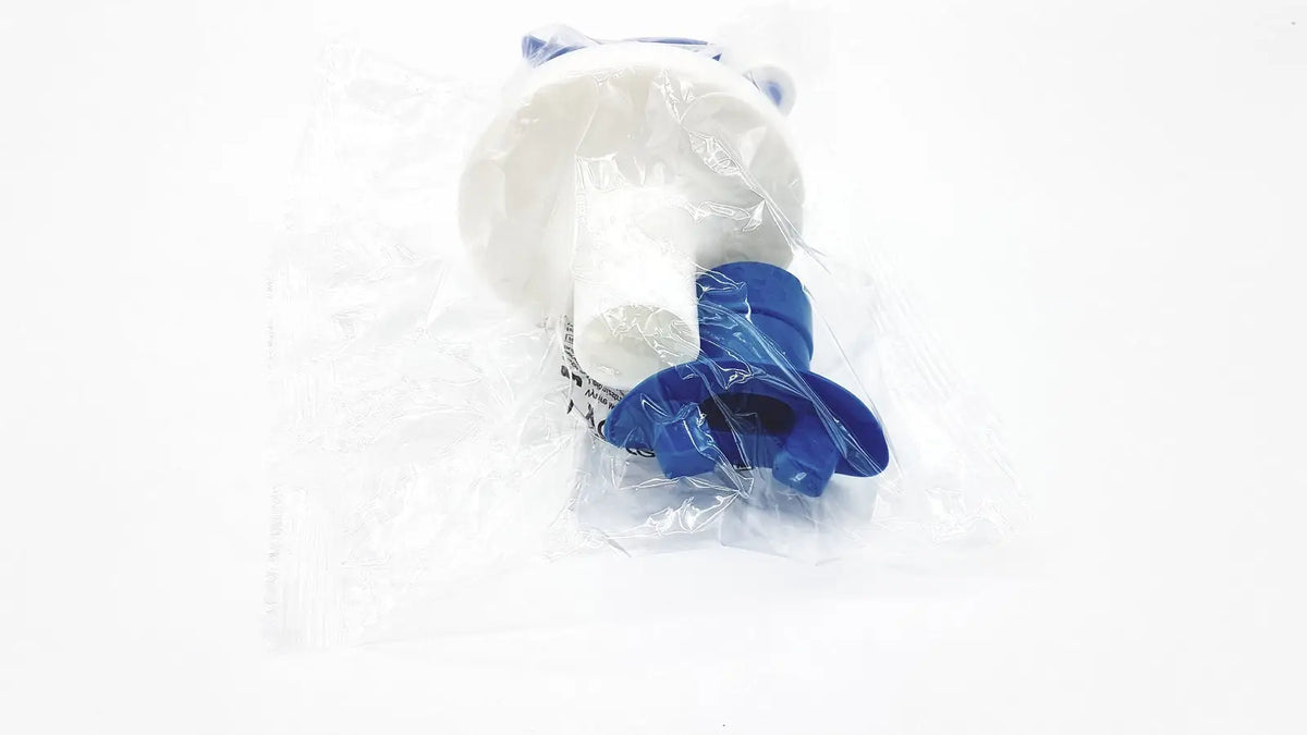 White and blue plastic cylindrical pool filter cleaner with flared base by Vyaire Medical GmbH for reuse medical use