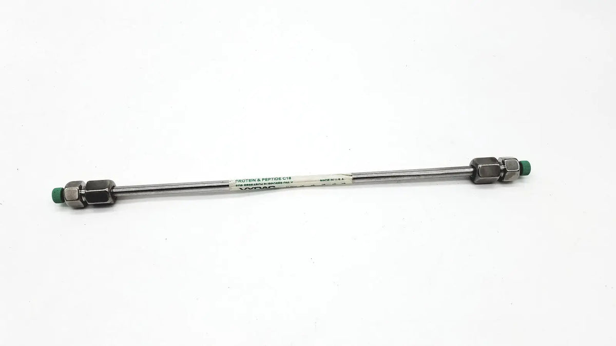 Silver metallic peptide c18 column with green caps and hexagonal fittings labeled e970702-4-3 for protein and peptide use