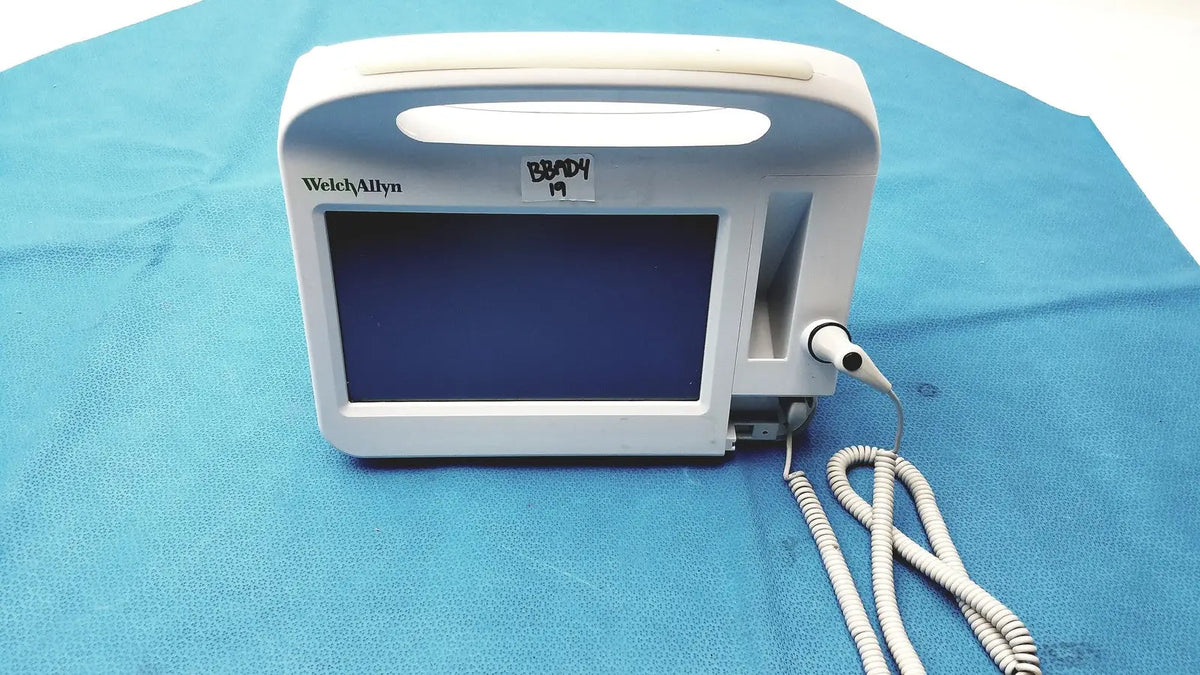White Welch Allyn B-90 portable vital signs monitor with rectangular screen and coiled cable for connex vital signs monitoring