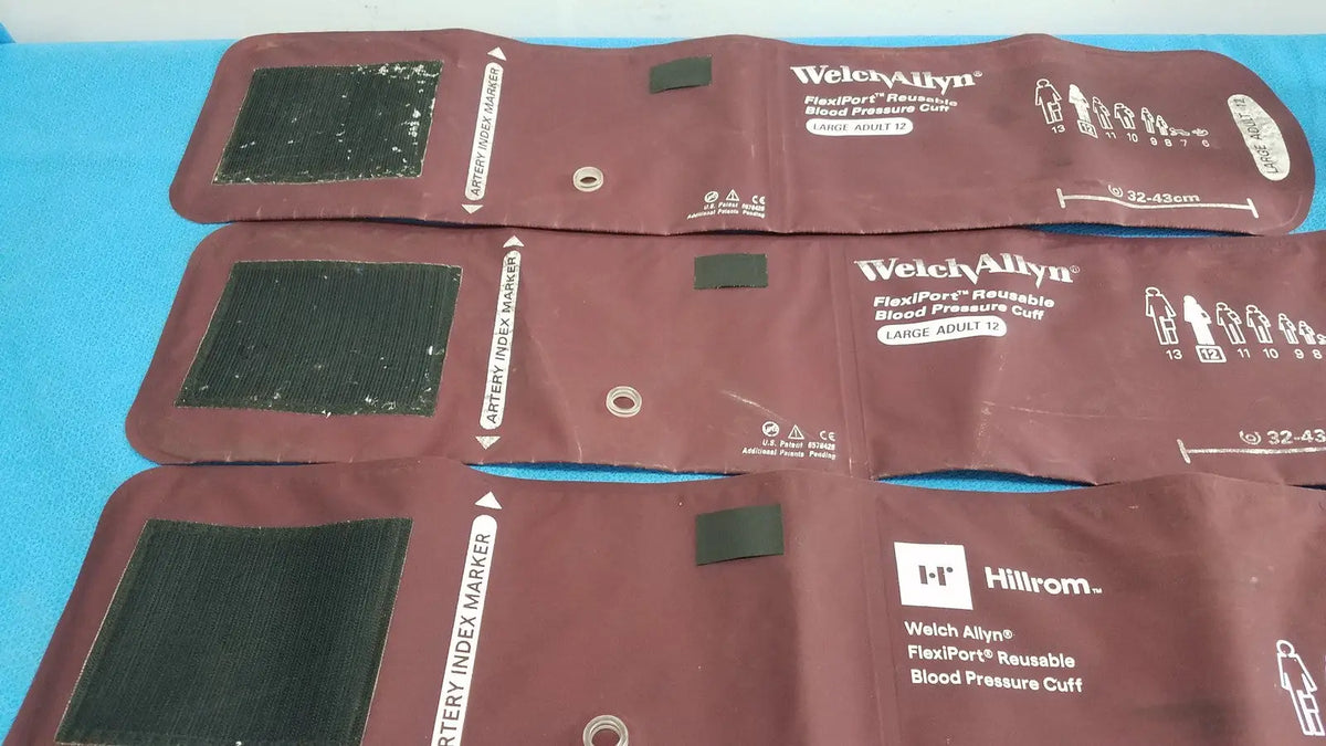 Welch allyn blood pressure cuff large adult 12 with maroon flexiport reusable design and black adhesive patches lot of 3