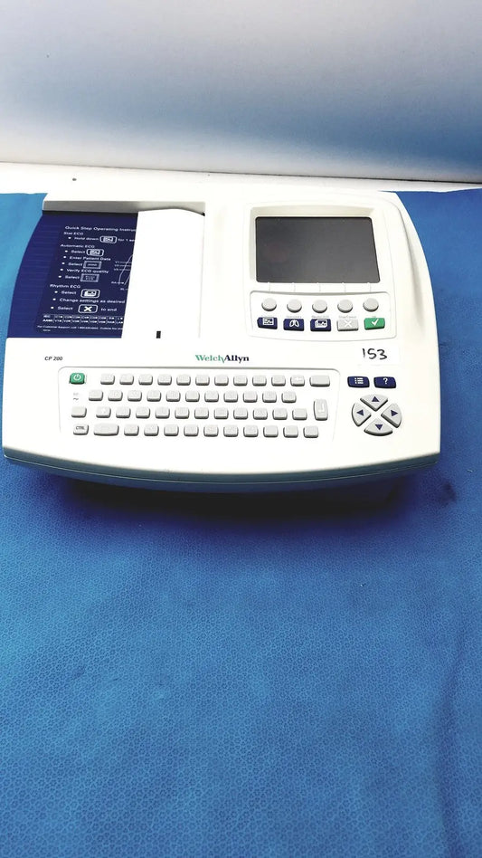 White Welch Allyn CP200 EKG cardiac monitor with small screen keypad and paper output slot for patient monitoring
