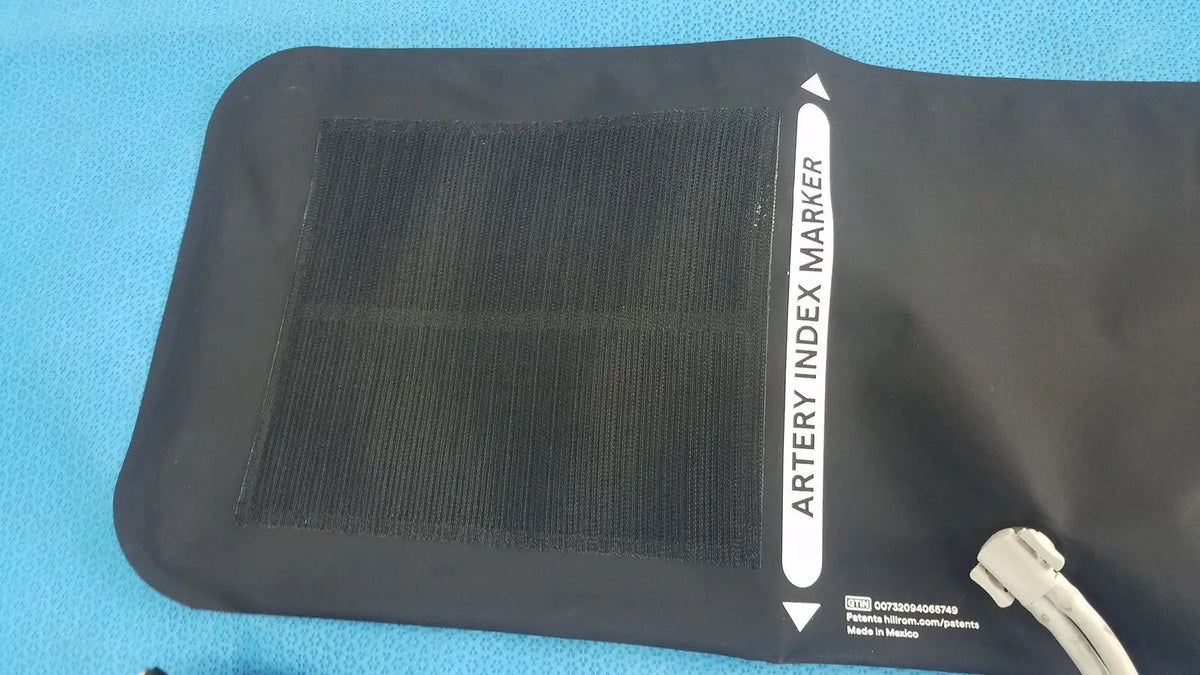 Black welch allyn hillrom blood pressure cuff thigh 13 with textured velcro patch and white printed labeling