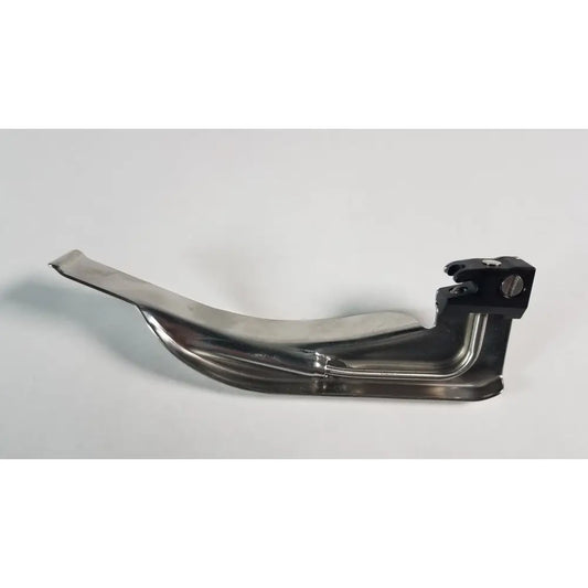 Stainless steel welch allyn mac 4 fiber optic laryngoscope blade with black plastic handle attachment for medical use
