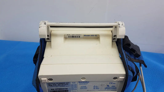 White plastic welch allyn propaq encore 202 el patient monitor with blue carrying strap for medical use