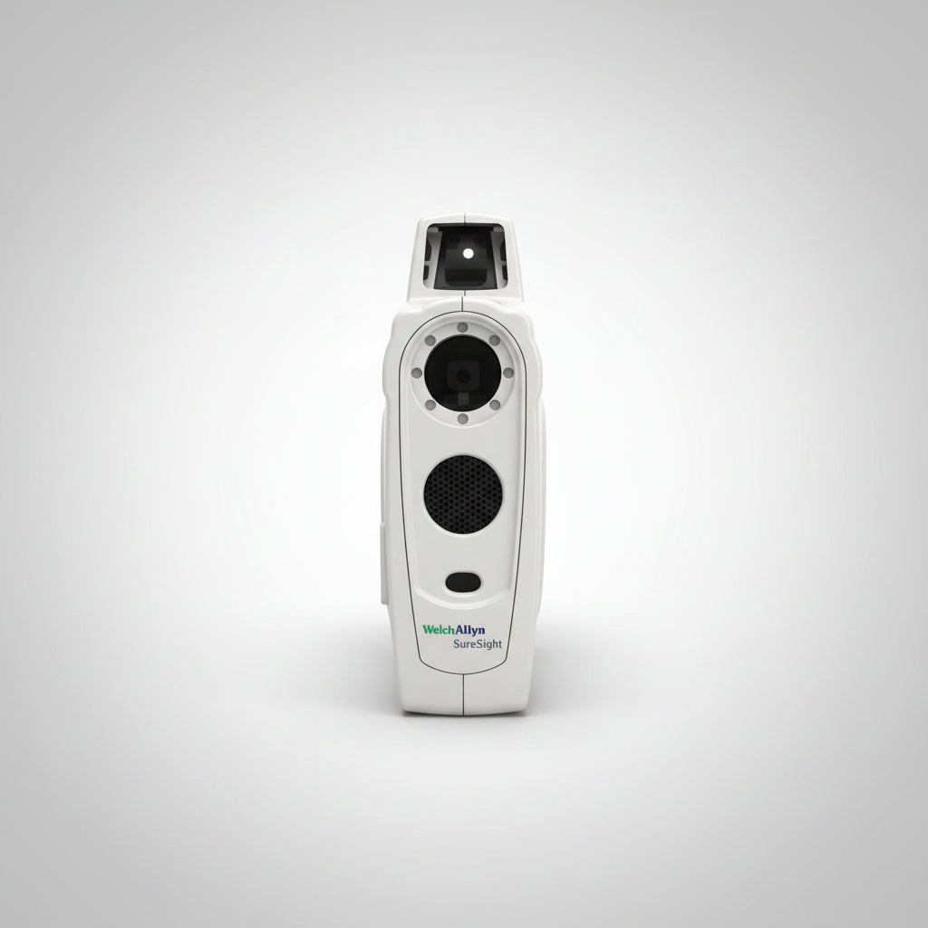 White plastic welch allyn suresight handheld vision screener with black circular lenses and textured grip for eye screening